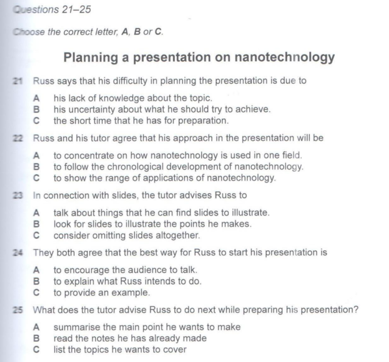 planning a presentation on nanotechnology ielts listening